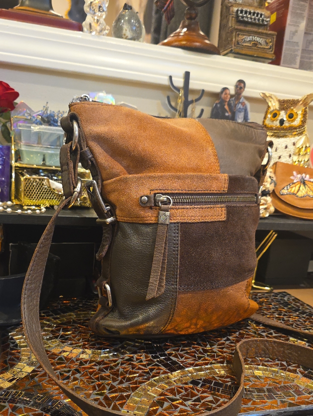 Men's Brown Patchwork Suede & Leather Messenger Bag